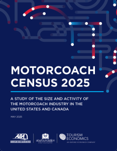 A cover image for the Motorcoach Census 2025 research. The cover features a dark blue background with a series of dots connected with semi-transparent lines, visualizing a bus network. The report title 'Motorcoach Census 2025' appears in the middle of the page with white text. Below is the research subhead 'A Study of the Size and Activity of the Motorcoach Industry in the United States and Canada. May 2025." The logos of three organizations are shown at the bottom of the page: American Bus Association, ABA Foundation, and Tourism Economics an Oxford Economics Company.