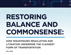 A cover image for the American Bus Association white paper titled "Restoring Balance and Commonsense: How Weaponized Regulation and Litigation Undermine the Cleanest Form of Transportation."