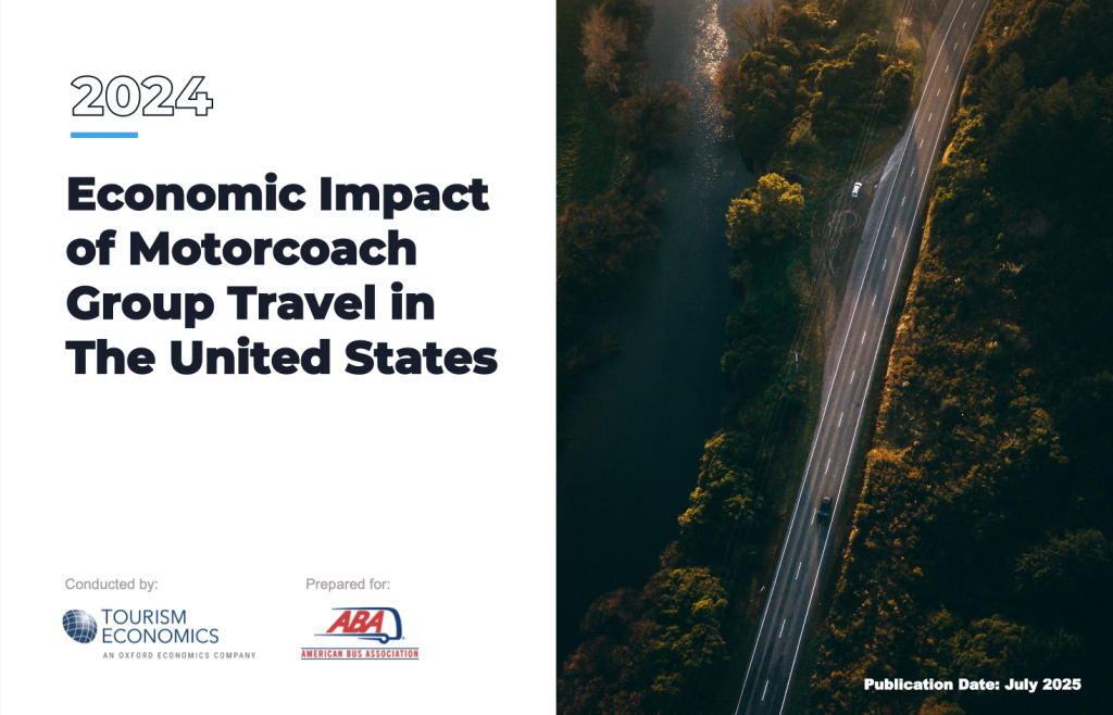 The report cover for the 2024 Economic Impact of Motorcoach Group Travel in the United States report. The title appears on the left side of the image, with the Tourism Economics and ABA logos at the bottom. The right side of the cover includes an image of an aerial view over a road with a river to its right. There is one car driving on the road, with another car parked to the side near the river.