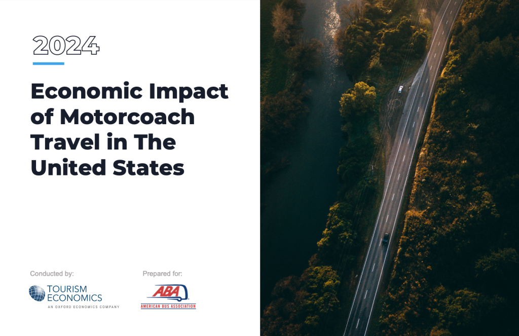 The report cover for the 2024 Economic Impact of Motorcoach Group Travel in the United States report. The title appears on the left side of the image, with the Tourism Economics and ABA logos at the bottom. The right side of the cover includes an image of an aerial view over a road with a river to its right. There is one car driving on the road, with another car parked to the side near the river.