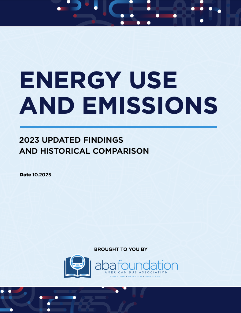 An ABA report cover image for the Energy Use and Emissions: 2023 Updated Findings and Historical Comparison research released in October 2025. The top and bottom of the report cover feature a dark blue background with abstract lines representing a transportation network. The middle of the image features a light blue background with the report name in dark blue text. The ABA Foundation logo is included in the bottom middle portion of the center section. 