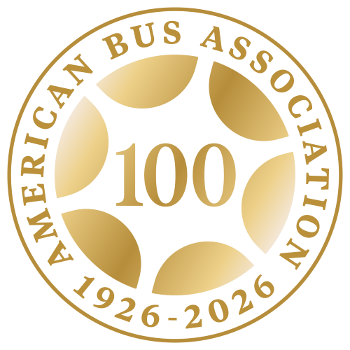 A gold American Bus Association logo commemorating 100 years of service, from 1926-2026.