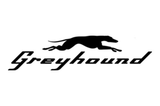 The Greyhound bus travel company logo, which features the silhouette of a greyhound dog leaping above the Greyhound brand name.