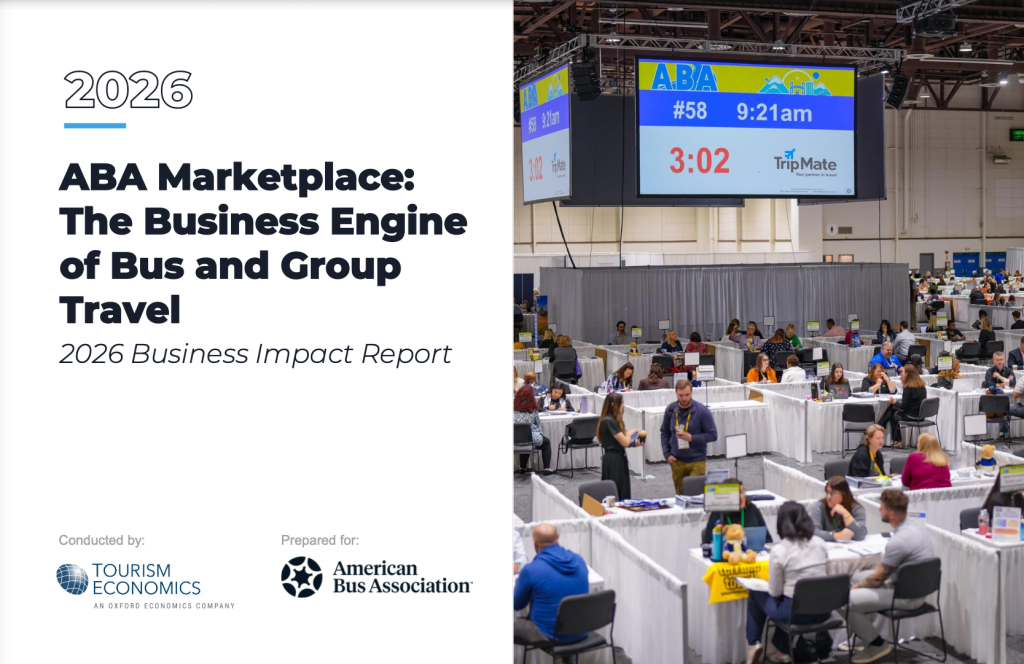A cover image for the 2026 ABA Marketplace Business Impact Report. The right side of the cover shows the meeting center from the event, where dozens of meeting tables are set up with white table cloths. Each table includes at least two representatives from motorcoach and group travel companies speaking with Marketplace attendees. The left side of the cover states the report title: "ABA Marketplace: The Business Engine of Bus and Group Travel." The report is conducted by Tourism Economics and prepared for the American Bus Association.
