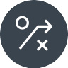 A gray circular icon. The icon includes white lines that show a circle on the upper left and an X on the bottom right. There is a line with an arrow crossing between the two icons.